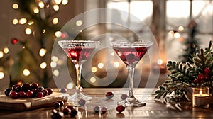 Festive Cranberry Martini Cheer. A trio of cranberry martinis, adorned with sugar rims and berries, radiates holiday