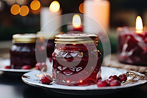 Festive cranberry sauce in glass jars with fresh berries on a candlelit table setting.