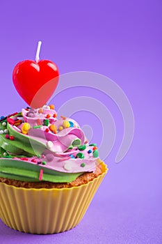 Festive creamy cupcake with sprinkles and candle in form of red