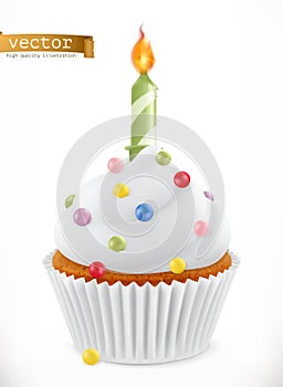 Festive cupcake with candle. 3d vector icon