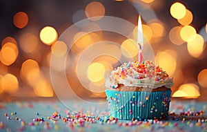 Festive Cupcake with Candle on Bokeh Light Background, Celebration Concept