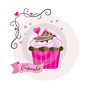 Festive cupcake with chocolate and heart for Valentine`s Day. Vector illustration