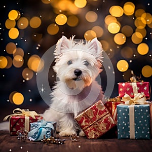 Festive Curiosity: Fluffy Dog Explores Holiday Gifts in the Warm Glow of Decorative Lights