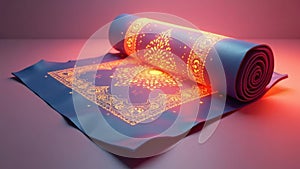 A festive 3D of a prayer mat unrolling itself with glowing Islamic patterns emerging along its surface in