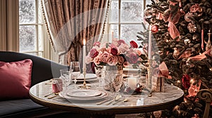 Festive date night tablescape idea, dinner table setting for two and Christmas, New Year, Valentines day decor, English country