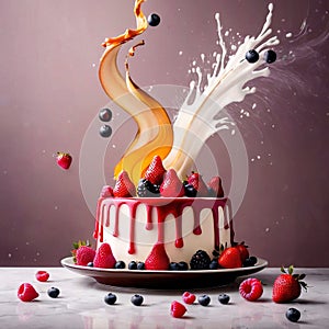 Festive decorated cake with frosting and fruits