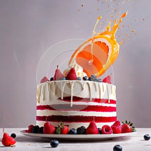 Festive decorated cake with frosting and fruits