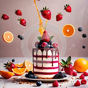 Festive decorated cake with frosting and fruits