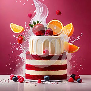 Festive decorated cake with frosting and fruits