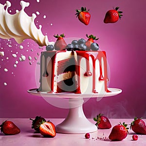 Festive decorated cake with frosting and fruits