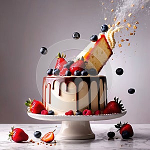 Festive decorated cake with frosting and fruits