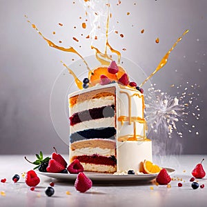 Festive decorated cake with frosting and fruits