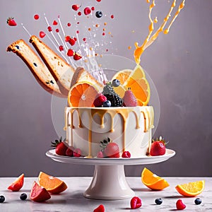 Festive decorated cake with frosting and fruits