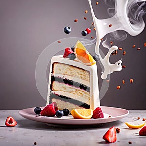 Festive decorated cake with frosting and fruits