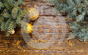 Festive Decorated Evergreen Boughs on Wooden Table