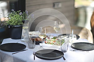 Festive decorated table with snacks and drinks