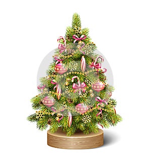 Festive Decoration Christmas Tree Pine On Wooden Stand