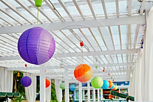 Festive decorations, balls of different colors. Party or birthday concept