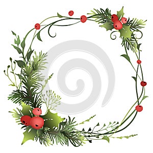 Festive decorative Christmas frame with fir branches, holly berry and meadow herbs