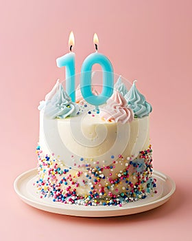 A festive delicious birthday cake with number 10 candle - Ten Years