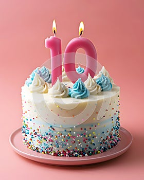A festive delicious birthday cake with number 10 candle - Ten Years