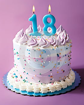 A festive delicious birthday cake with number 18 candle - Eighteen Years