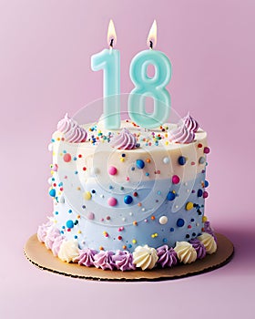 A festive delicious birthday cake with number 18 candle - Eighteen Years