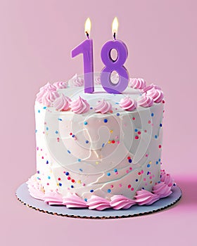 A festive delicious birthday cake with number 18 candle - Eighteen Years