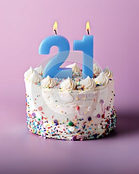 A festive delicious birthday cake with number 21 candle - Twenty One Years