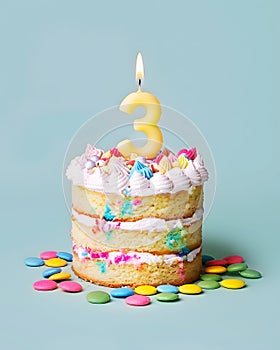 A festive delicious birthday cake with number 3 candle - Three Years