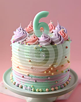 A festive delicious birthday cake with number 6 candle