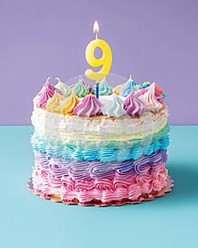 A festive delicious birthday cake with number 9 candle - Nine Years