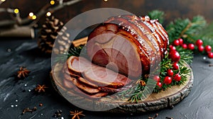 Festive Delight Expertly Smoked, Roasted, Glazed Holiday Pork Ham, Ai Generated