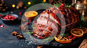 Festive Delight Expertly Smoked, Roasted, Glazed Holiday Pork Ham, Ai Generated