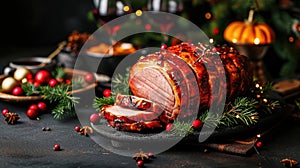 Festive Delight Expertly Smoked, Roasted, Glazed Holiday Pork Ham, Ai Generated