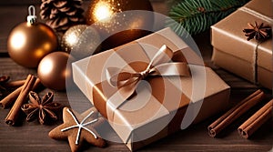 Festive Delights: Gift Boxes and Christmas Decor on Rustic Wood Background.