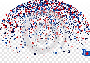 Festive design background concept with confetti of circles, stars in traditional American colors - red, white, blue. Isolated