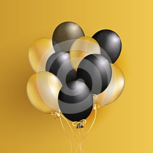 Festive design with realistic gold and black balloons.