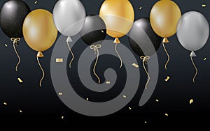 Festive design with realistic gold and black balloons, shiny confetti.