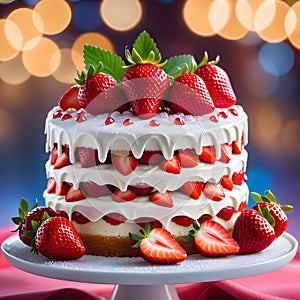 Festive dessert multilayer sponge cak Cake with cream and strawberries