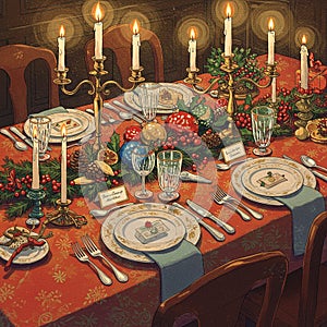 Festive dining table adorned with a red tablecloth, featuring ornate candelabras photo