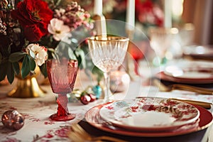 Slávnostné stravovanie stôl sada. dovolenka dekorácie víno okuliare a riadu. 