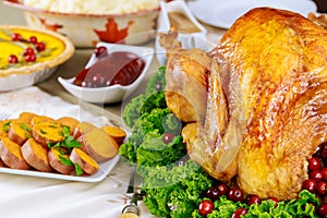Festive dinner table served with turkey, decorated with kale and cranberry