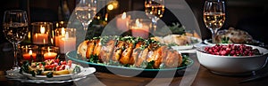 Festive dinner table setting with roasted meat garnished with herbs, salad, vegetable dishes. Wine glasses, lit candles, glowing