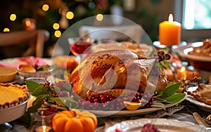 Festive dinner table setting with roasted turkey centerpiece, garnished with red berries.