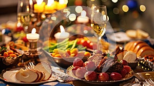 Festive dinner table setup with various dishes and wine