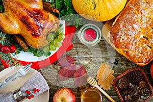 Festive dinner for Thanksgiving. Traditional Thanksgiving dishes: turkey, pumpkin pie