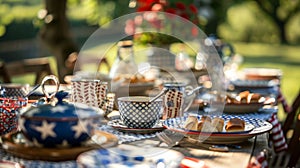 Festive dinnerware and tablecloths featuring patriotic patterns and designs set up on picnic tables and outdoor dining photo