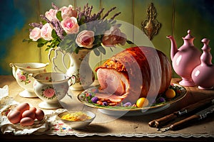 festive dish easter ham for lunch on table
