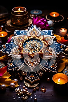 Festive Diwali lights illuminated oil lamps and intricate floral mandala